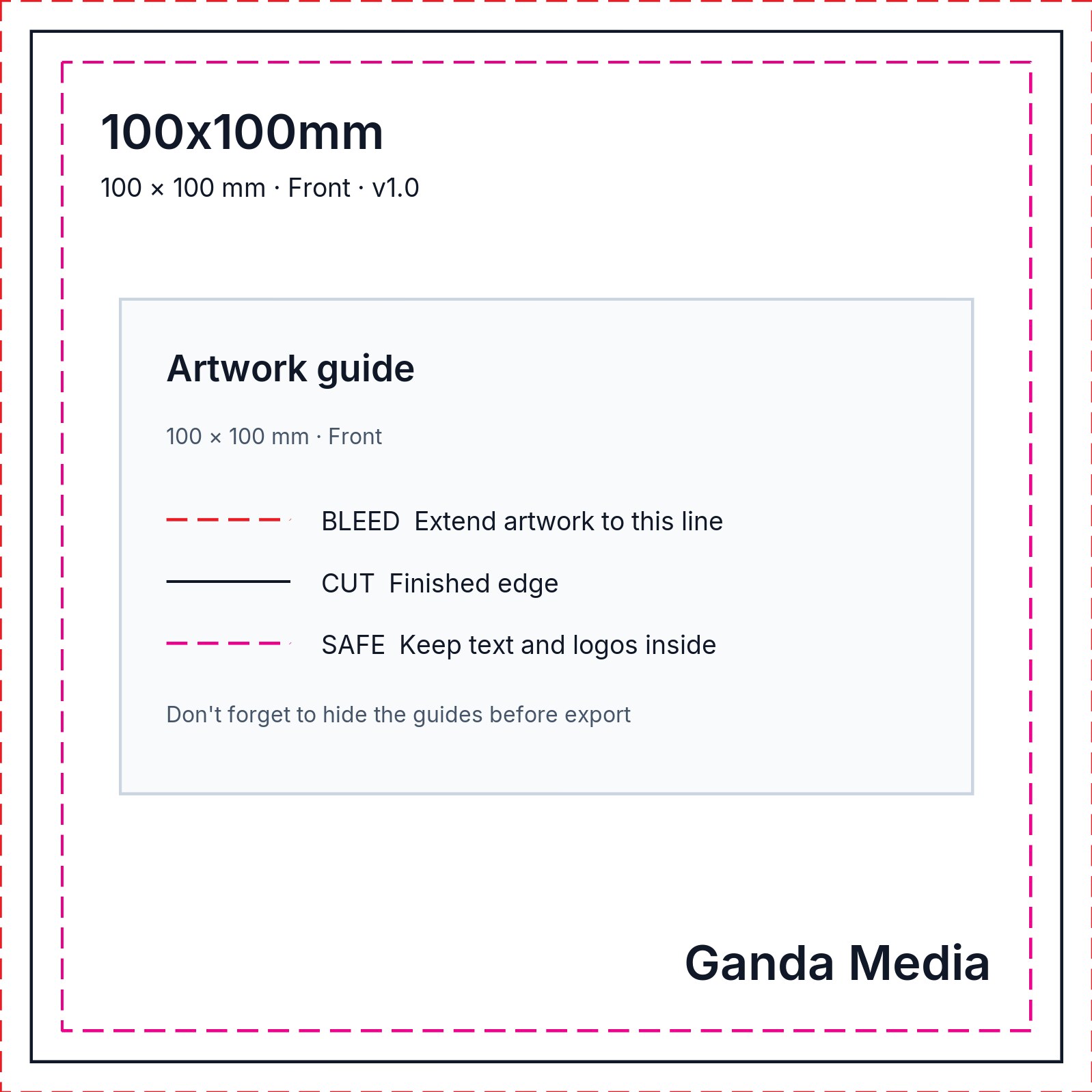 100x100mm artwork template showing the production guide lines