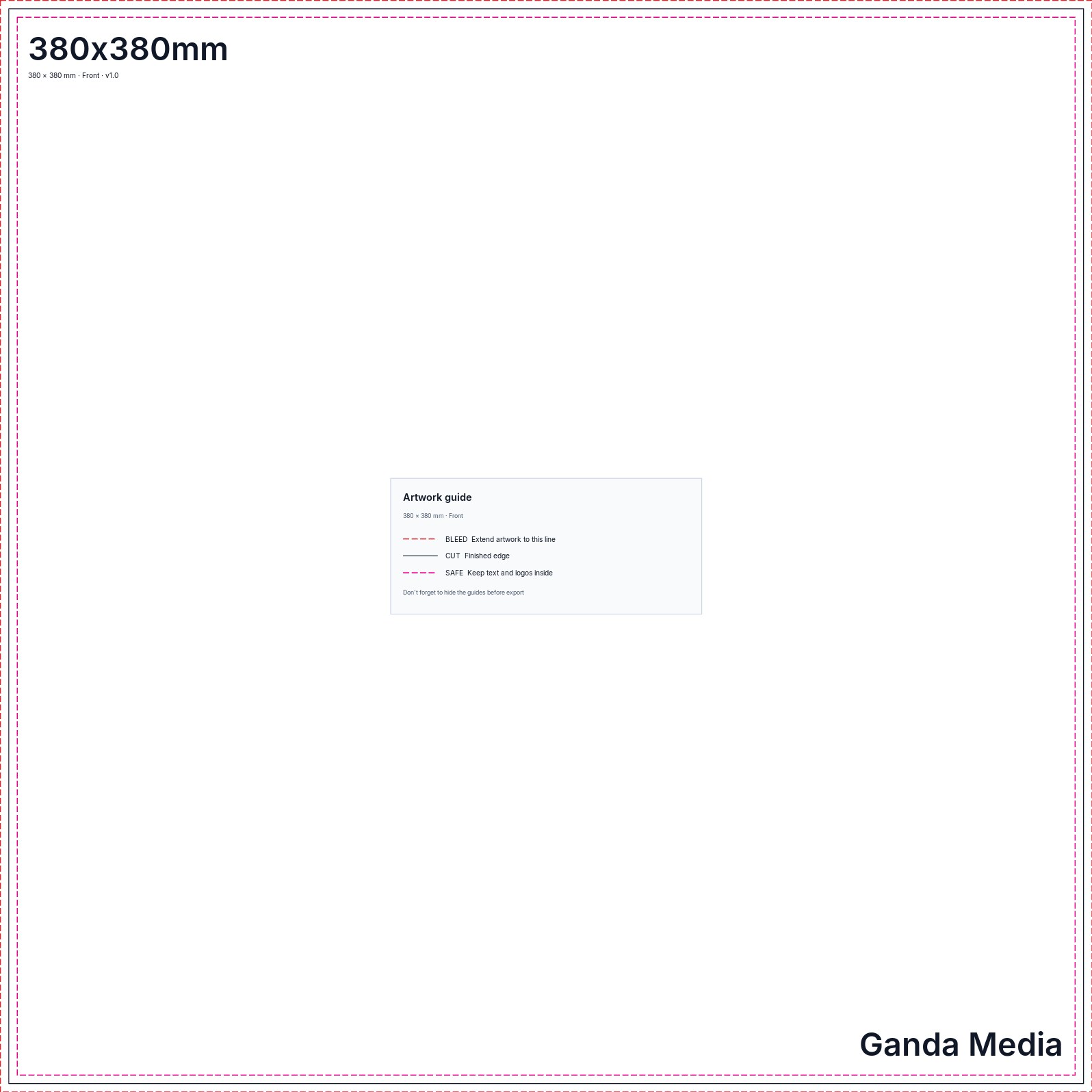380x380mm artwork template showing the production guide lines