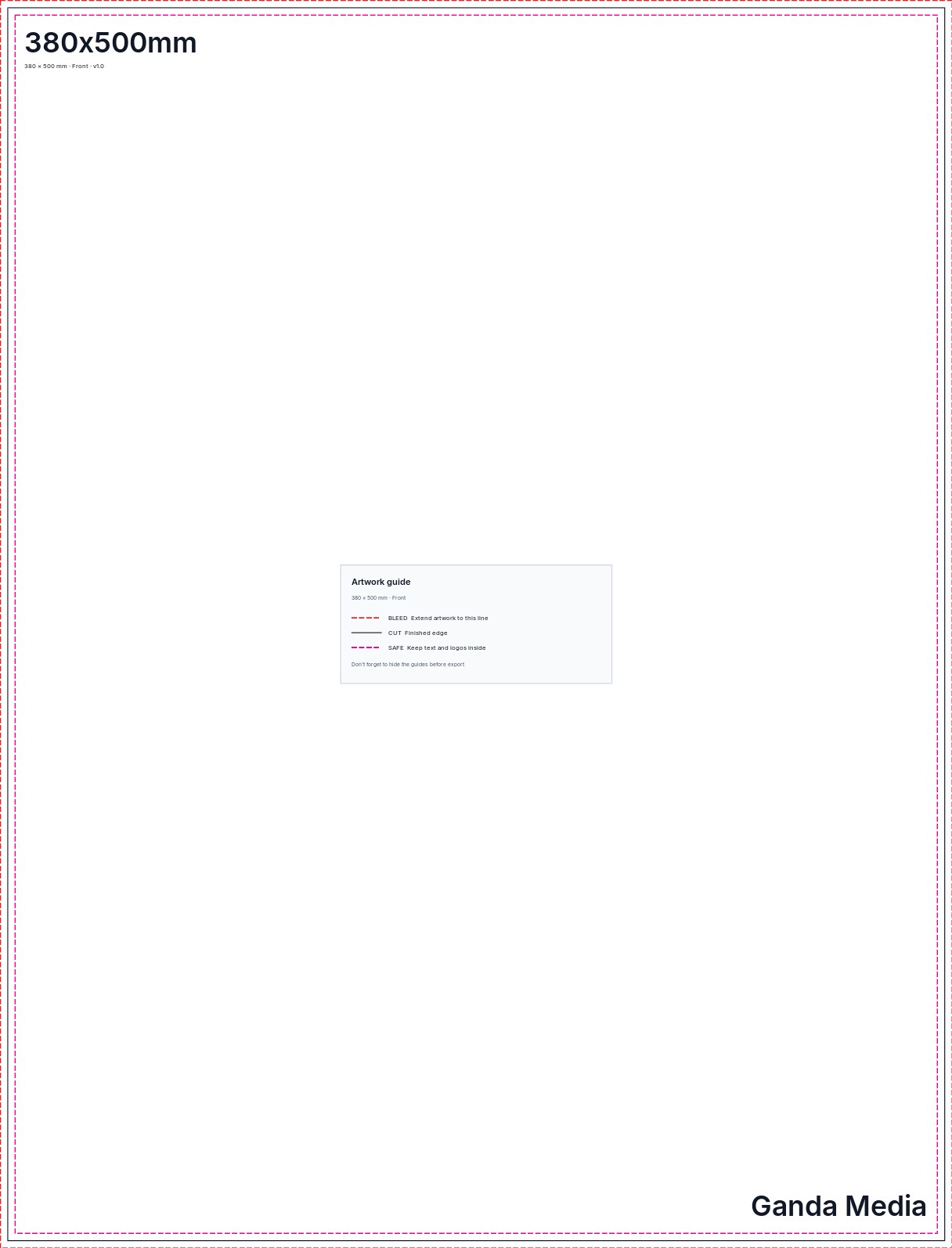 380x500mm artwork template showing the production guide lines