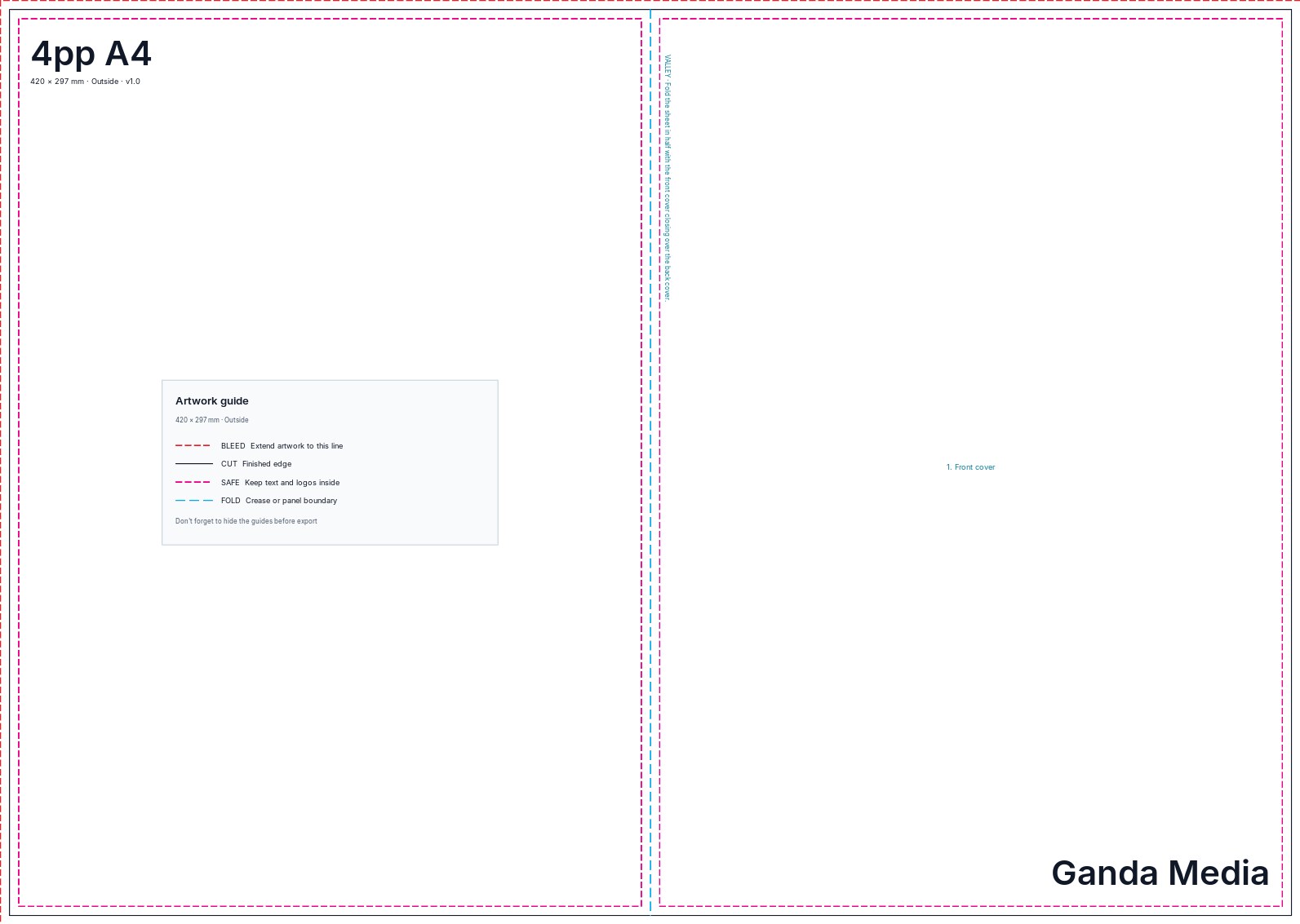 4pp A4 artwork template showing the production guide lines