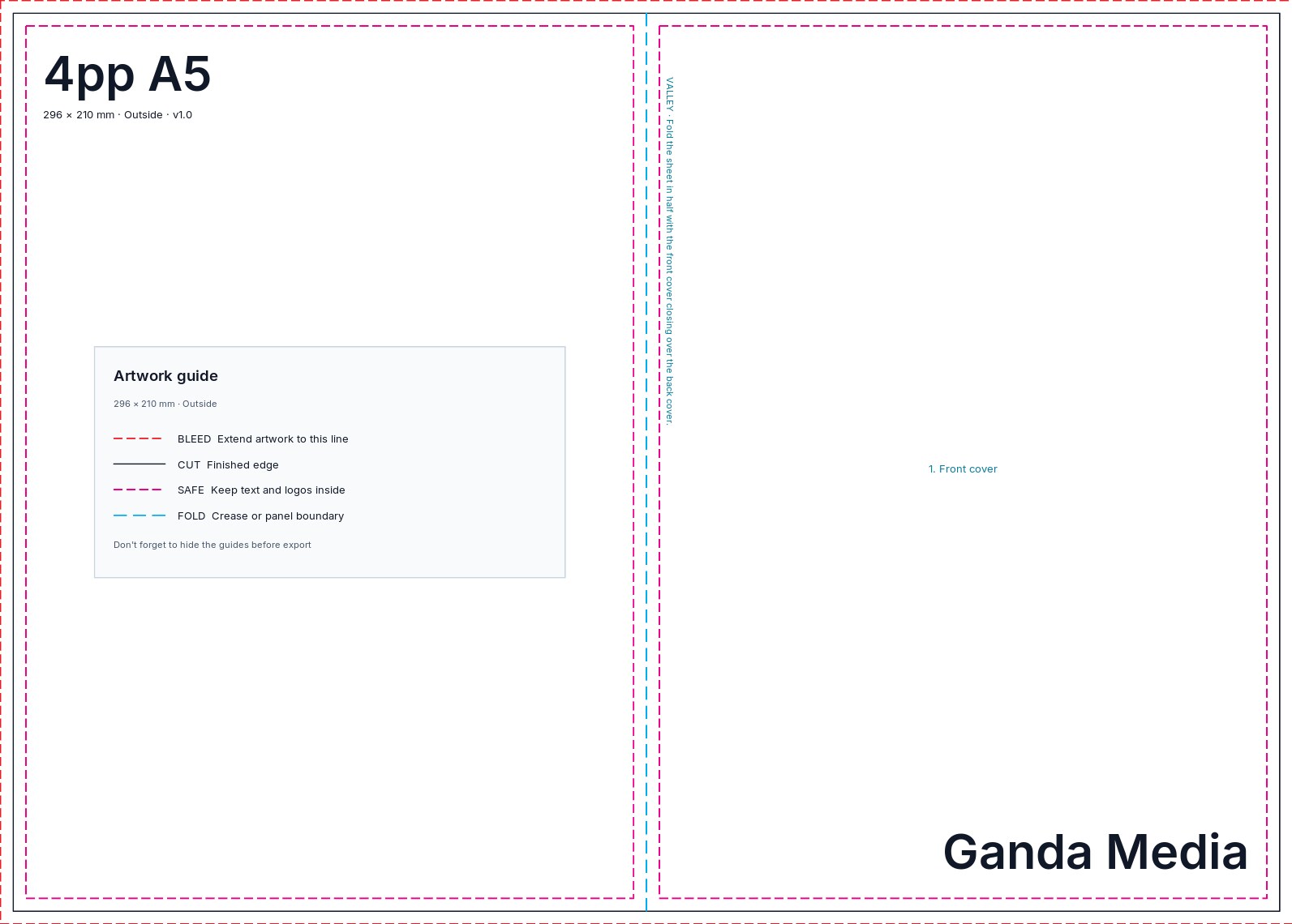 4pp A5 artwork template showing the production guide lines