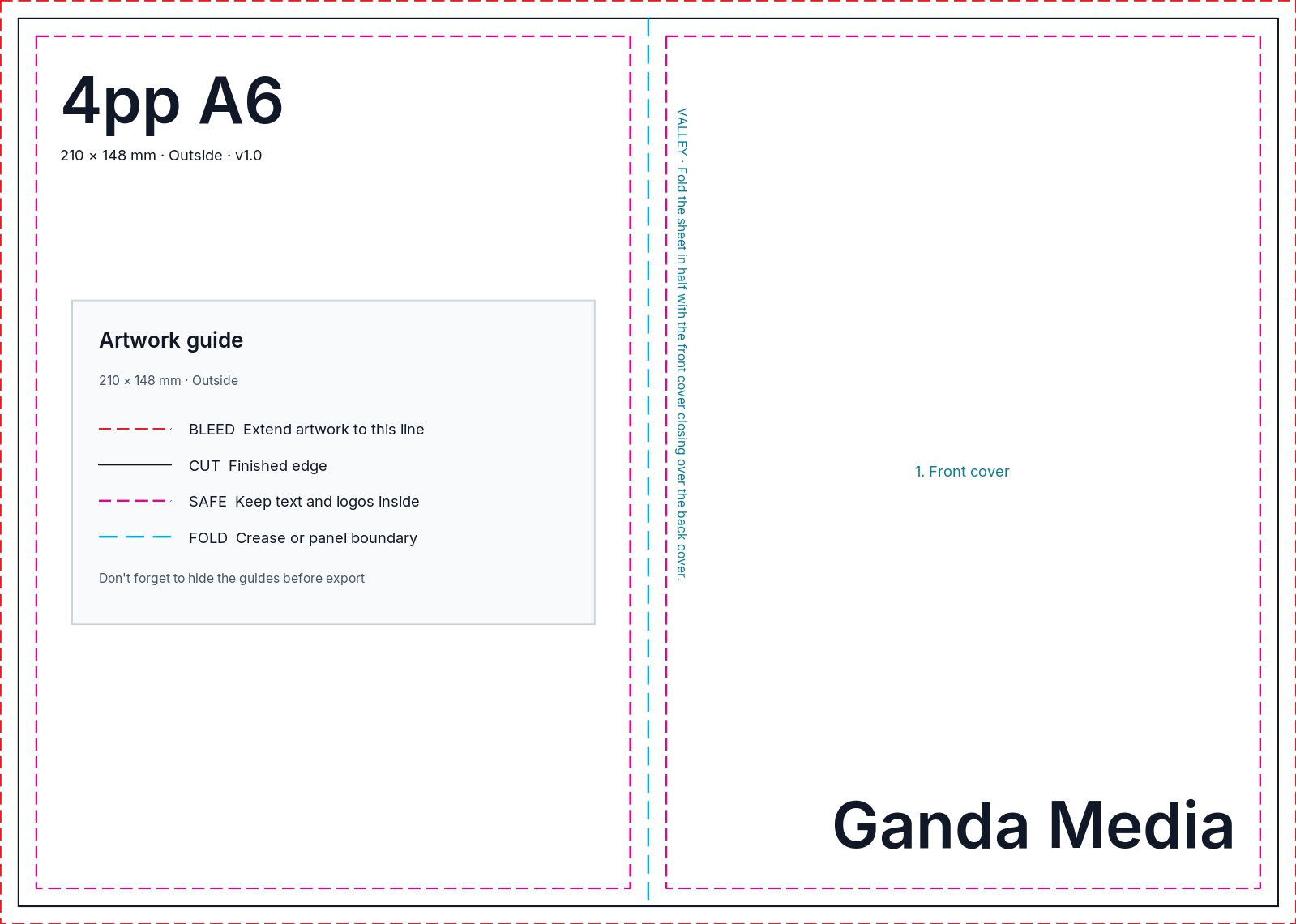 4pp A6 artwork template showing the production guide lines