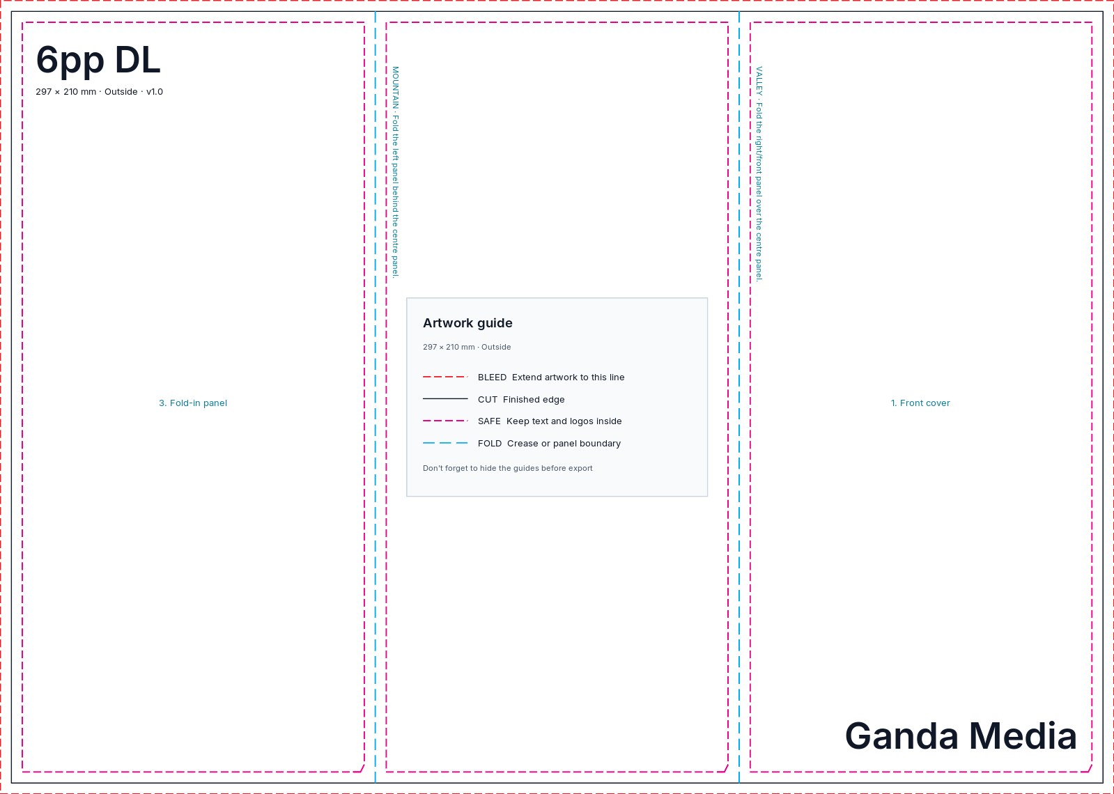 6pp DL artwork template showing the production guide lines