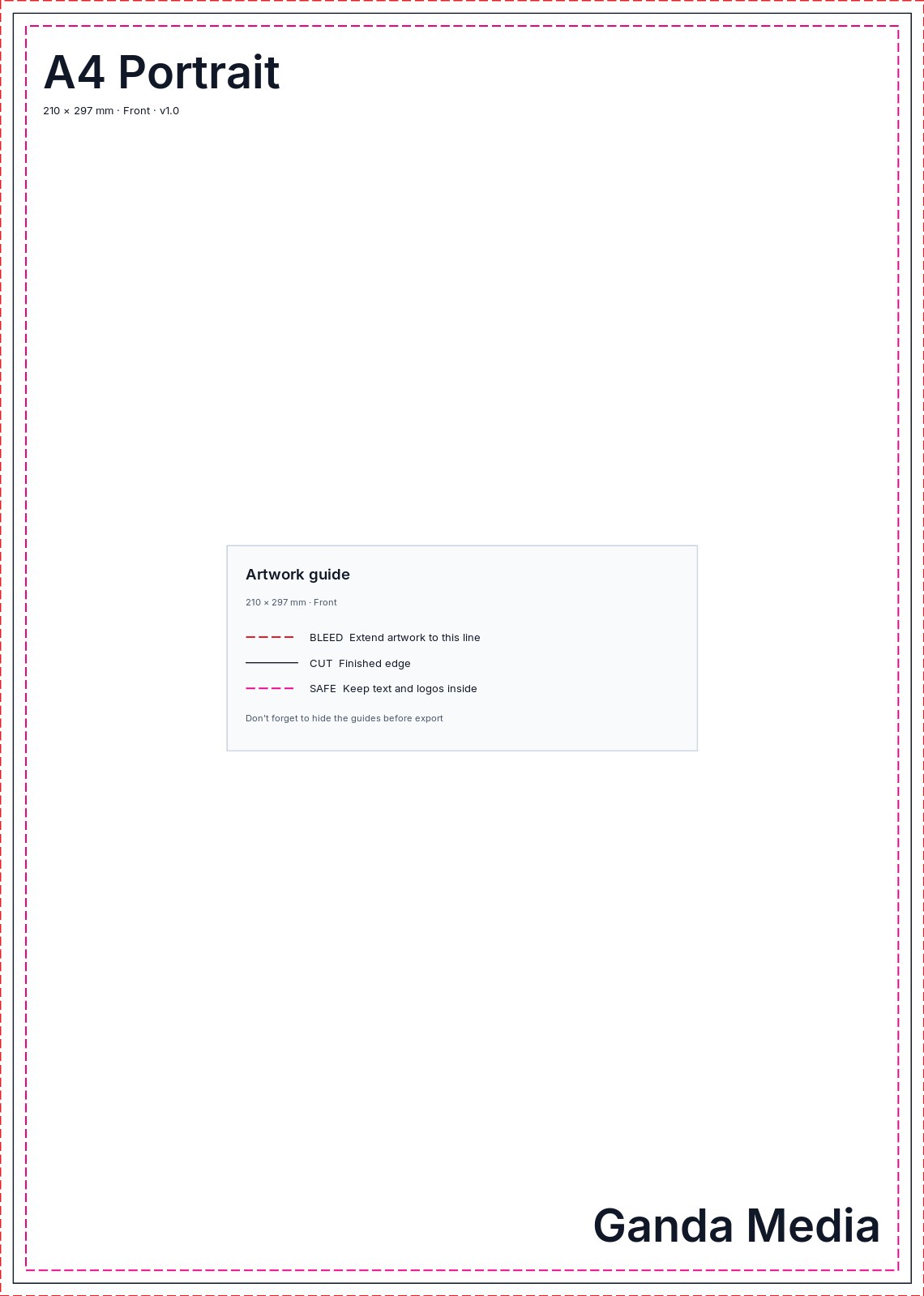 A4 Portrait artwork template showing the production guide lines
