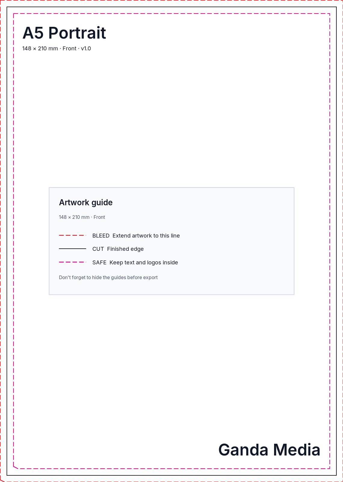 A5 Portrait artwork template showing the production guide lines