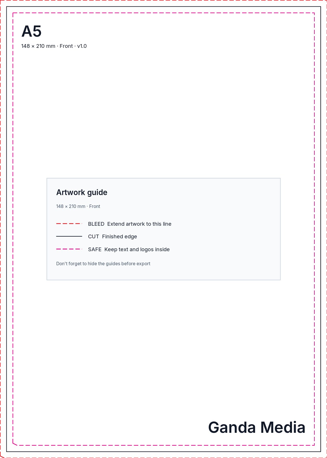 A5 artwork template showing the production guide lines