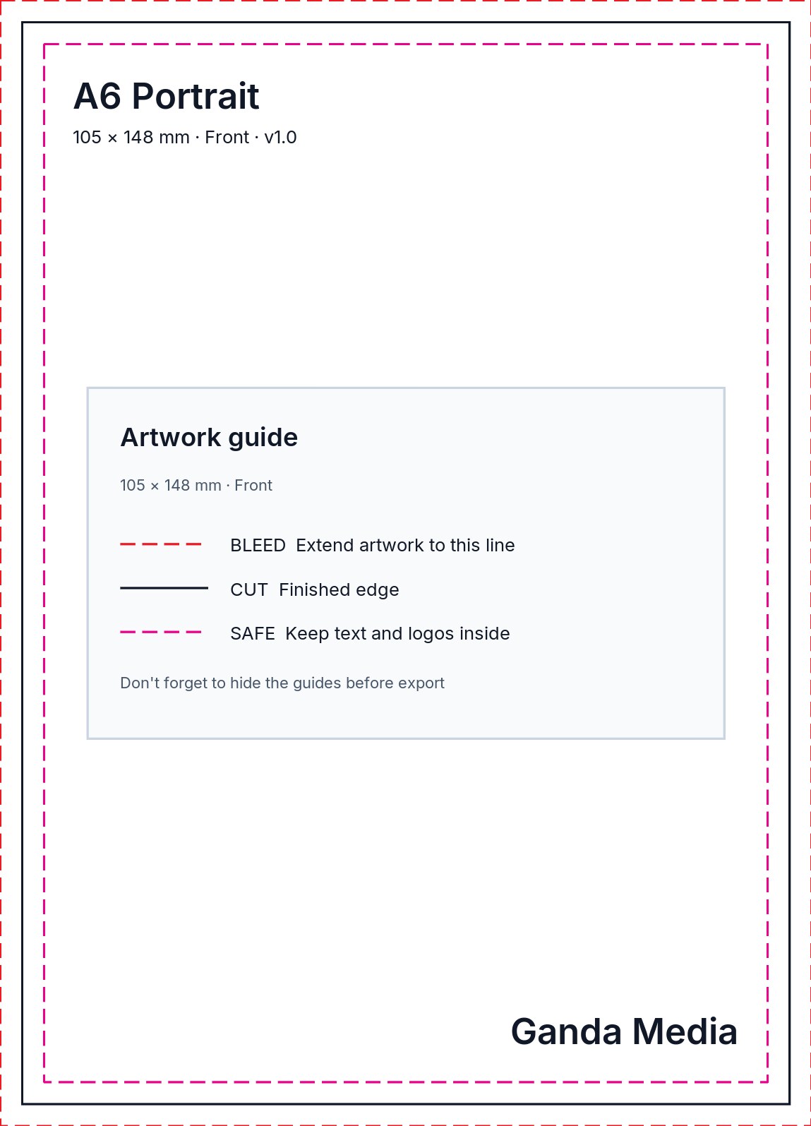 A6 Portrait artwork template showing the production guide lines