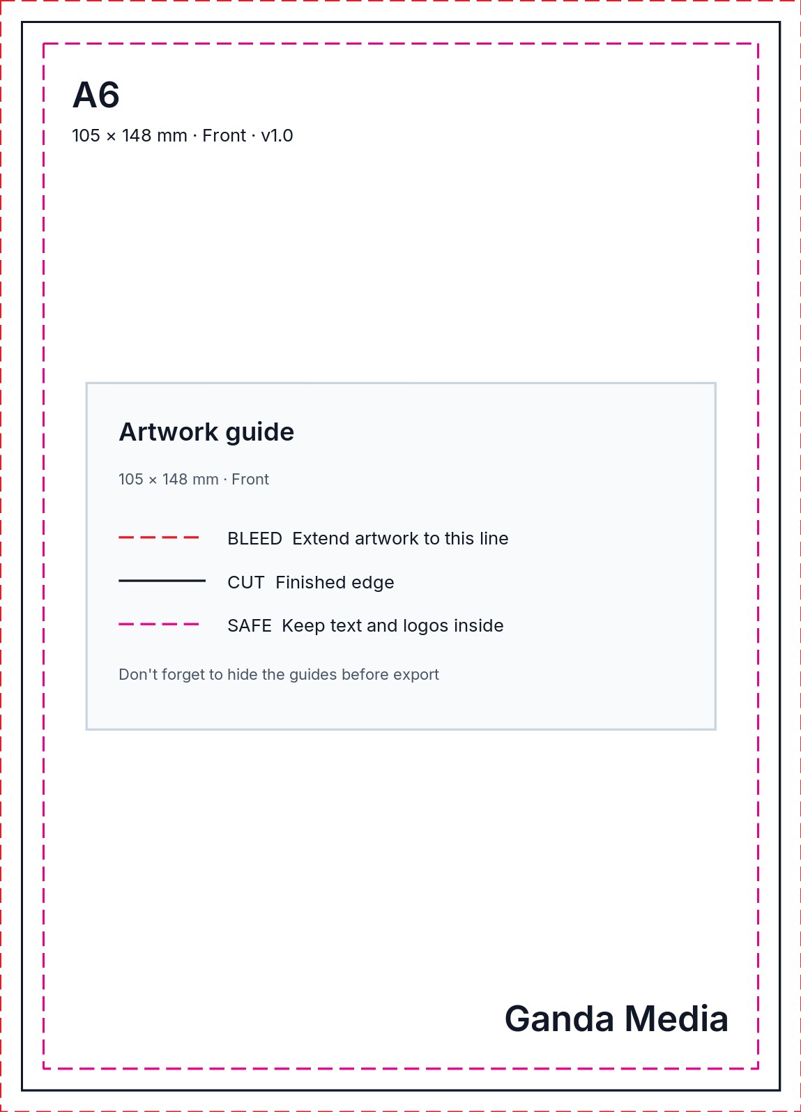A6 artwork template showing the production guide lines
