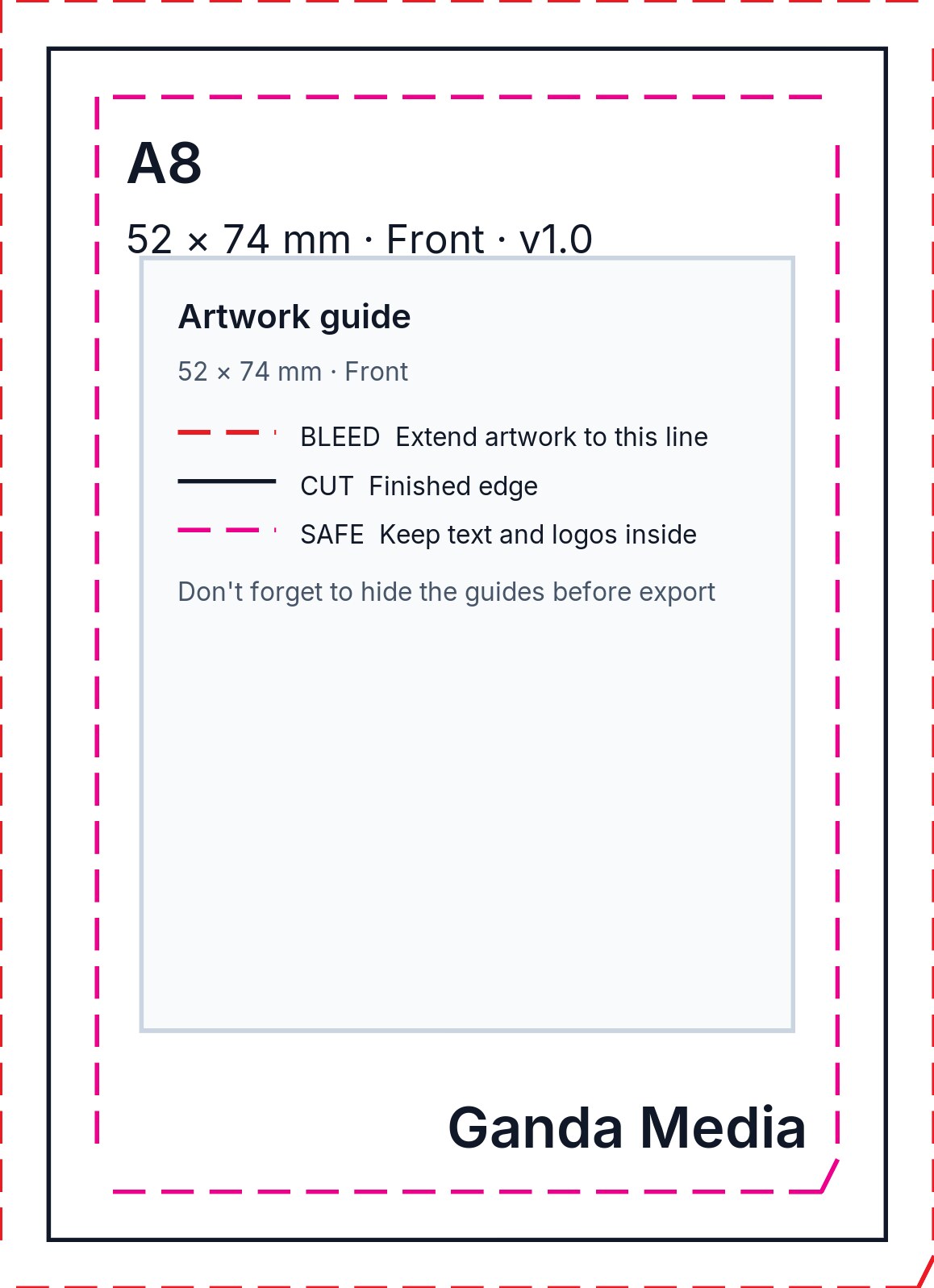 A8 artwork template showing the production guide lines