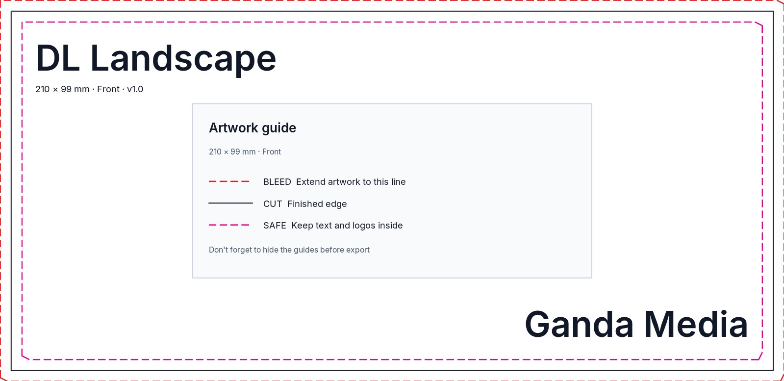DL Landscape artwork template showing the production guide lines