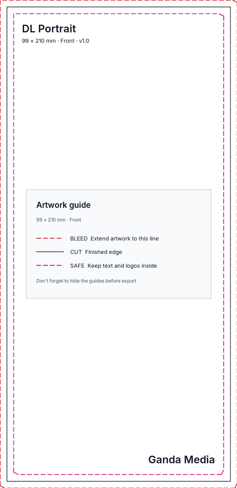 DL Portrait artwork template showing the production guide lines