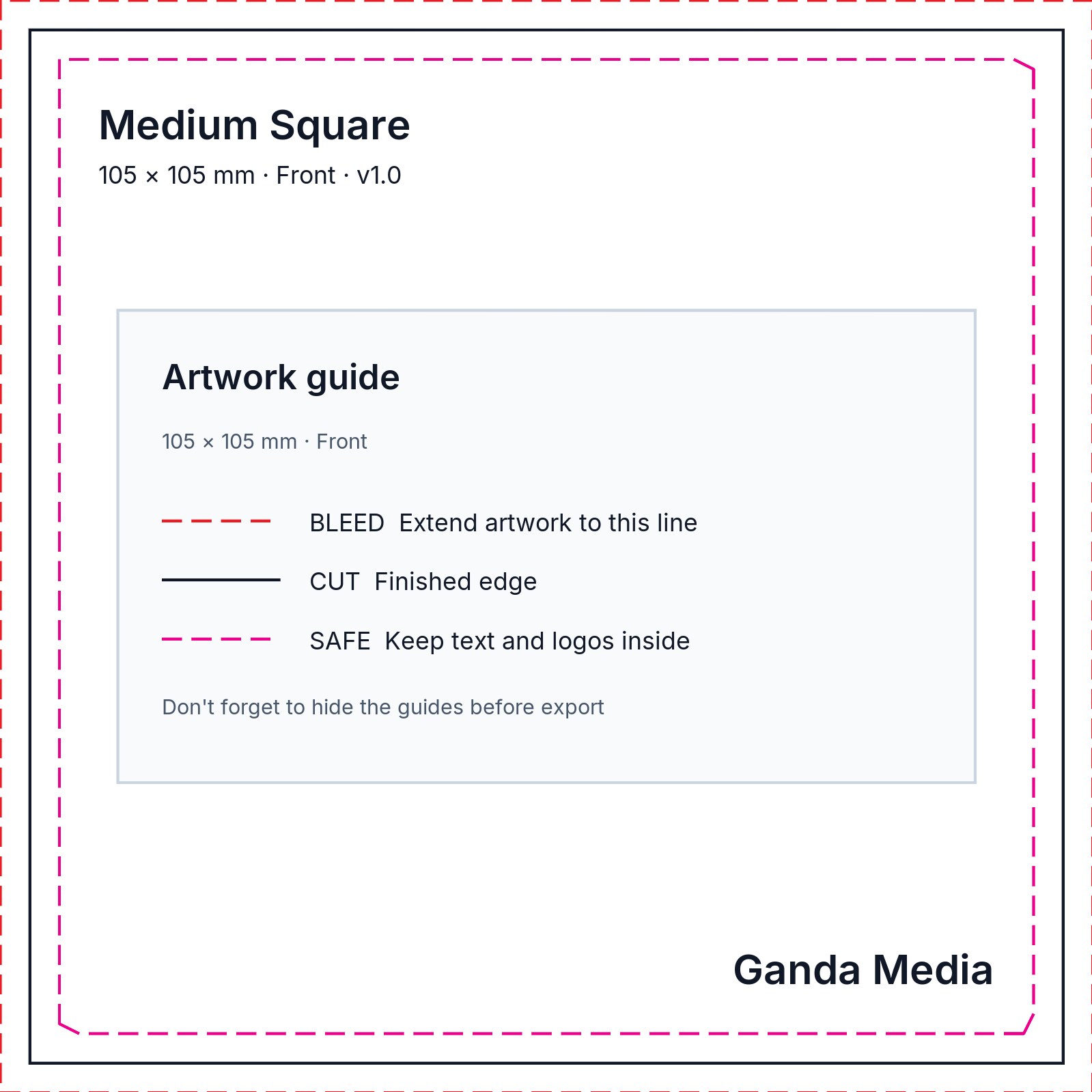 Medium Square artwork template showing the production guide lines