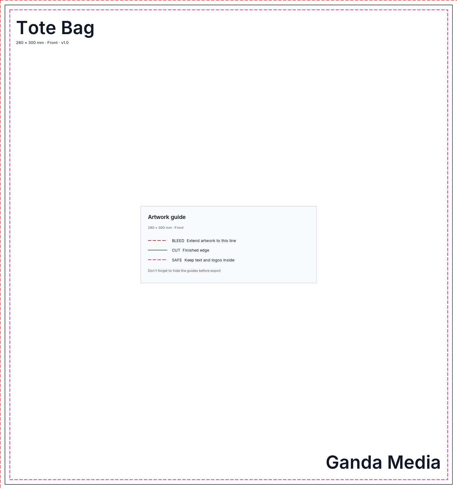 Tote Bag artwork template showing the production guide lines