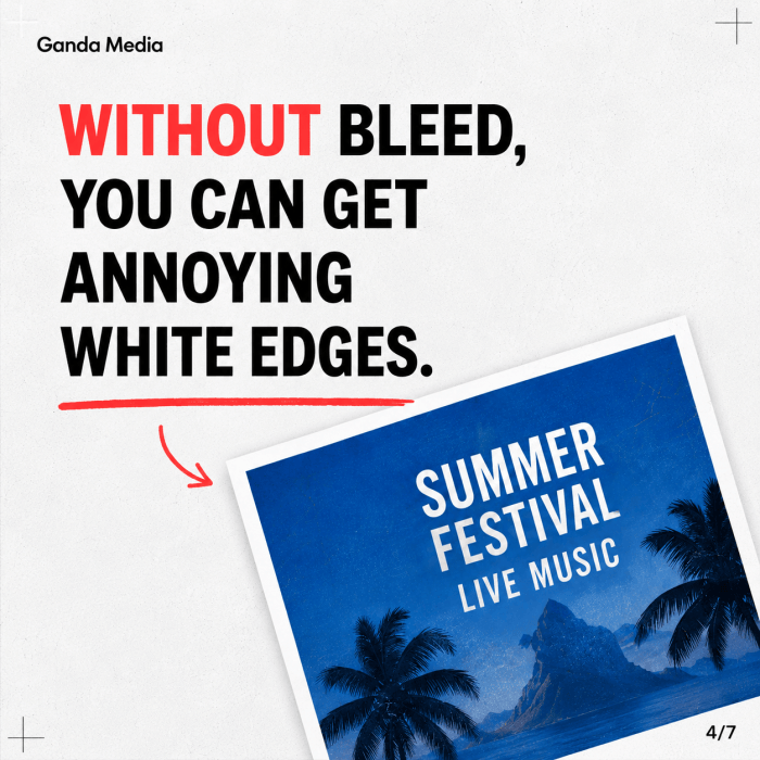Graphic showing a printed flyer without bleed, highlighting the unwanted white edge that can appear after trimming.