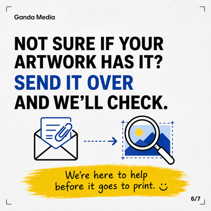 Graphic showing a printed flyer with bleed, explaining that the design cuts cleanly to the edge.