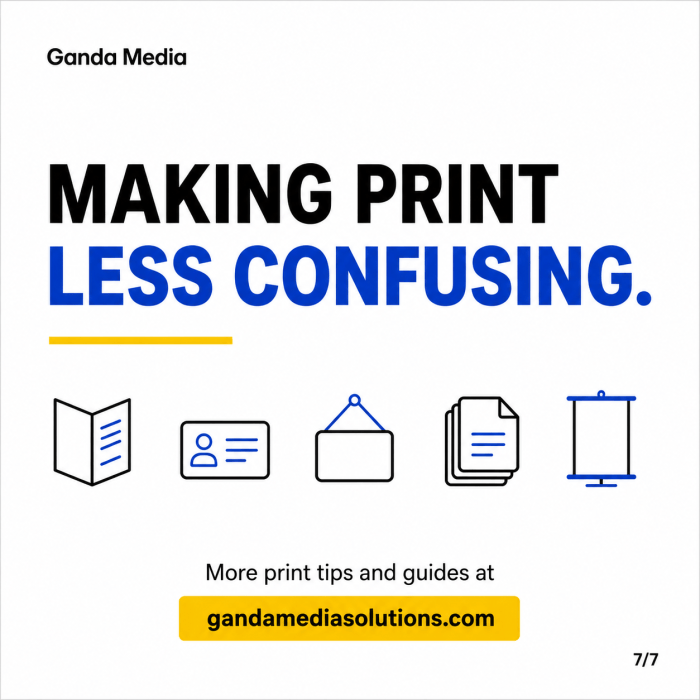 Closing carousel graphic with Ganda Media branding, “Making print less confusing” message, print product icons and website link.