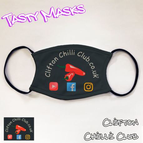 Branded facemask for Clifton Chilli Club, web address, image of chillis and social media icons