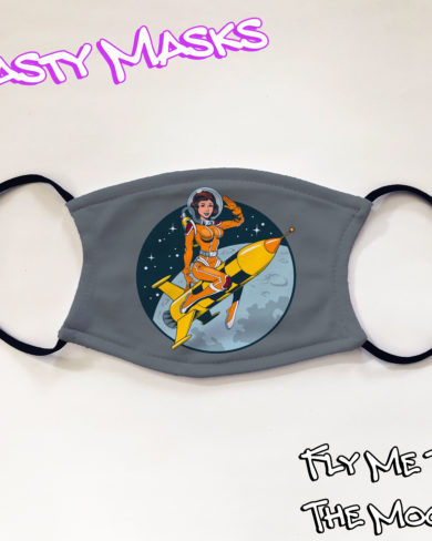 Facemask illustration of a 50's style pinup girl in a spacesuit riding a rocket in orbit