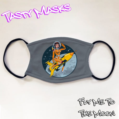 Facemask illustration of a 50's style pinup girl in a spacesuit riding a rocket in orbit
