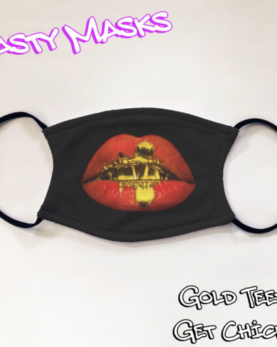 Black facemask with red lipstick lips across the front, teeth painted gold