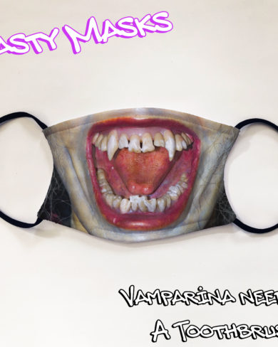 Facemask of vampire mouth wide open bearing fangs, with red lipstick