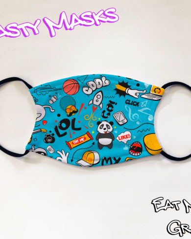 Facemask featuring illustration of doodles including panda, basketball, rockets and more, also words lol, cool, go!, click