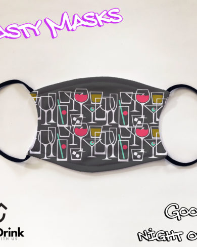 Facemask with illustration of various wine and beer glasses