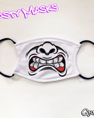 Facemask of angry cartoon face on white background