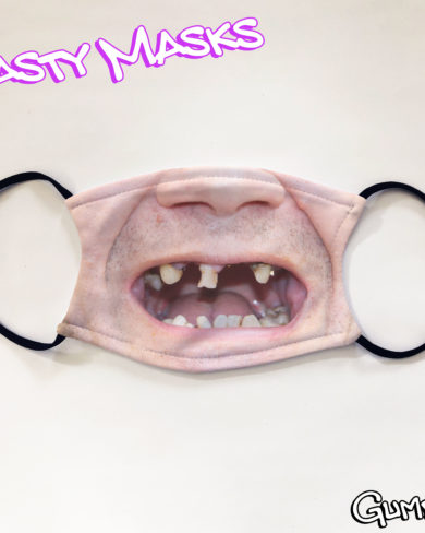 Facemask of mostly toothless old man with his mouth open