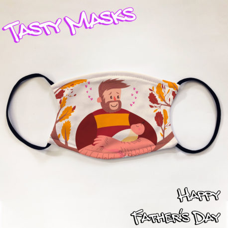 Facemask featuring illustration of bearded man with striped top holding a baby in an autumn setting
