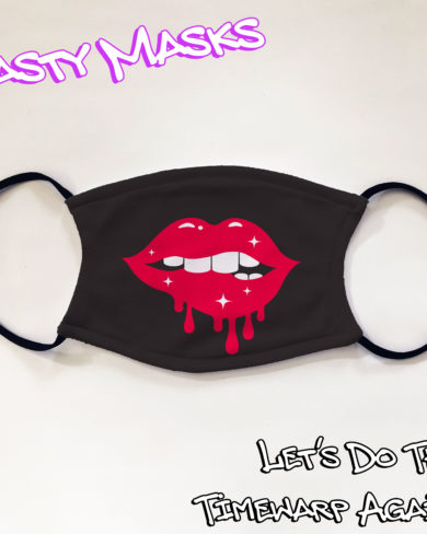Black background facemask, red luscious lips shining, dripping as if blood