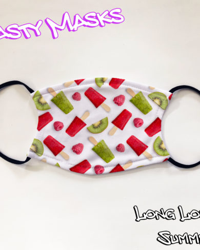 Facemask, repeating design of red & green raspberry & lime lollies & fruits