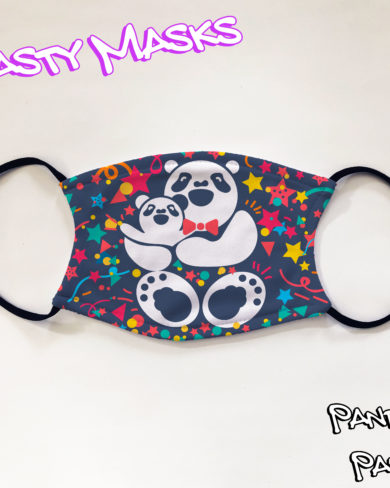 Facemask of illustration, panda wearing a red bowtie holding baby panda on background featuring multicoloured shapes, mostly stars