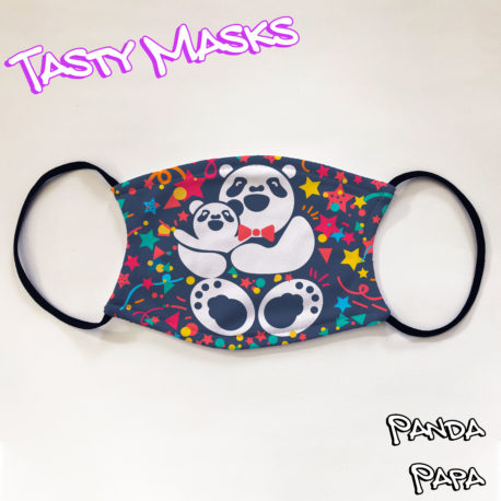 Facemask of illustration, panda wearing a red bowtie holding baby panda on background featuring multicoloured shapes, mostly stars