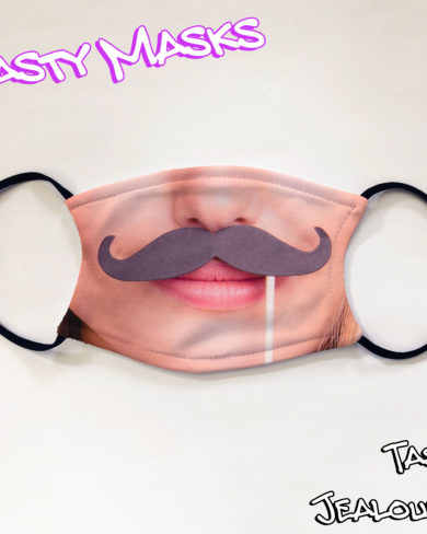 Facemask design of woman's face holding a fake moustache up