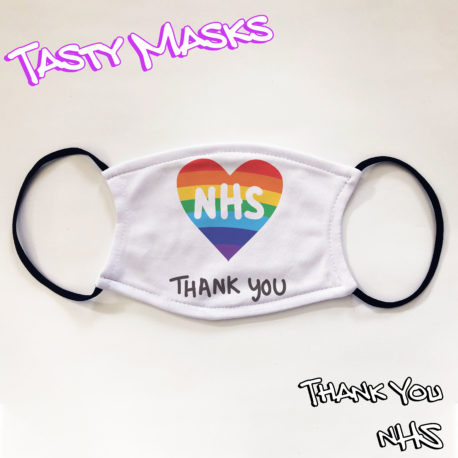 Facemask design white background with rainbow-coloured heart in centre, NHS in white across the centre of the heart and black text below stating 'thank you'