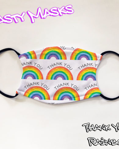 White facemask with repeating pattern rainbows with the words 'thank you' curved above