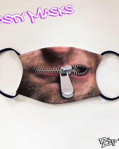Facemask of man's nose and mouth but with a half-open zip across the mouth